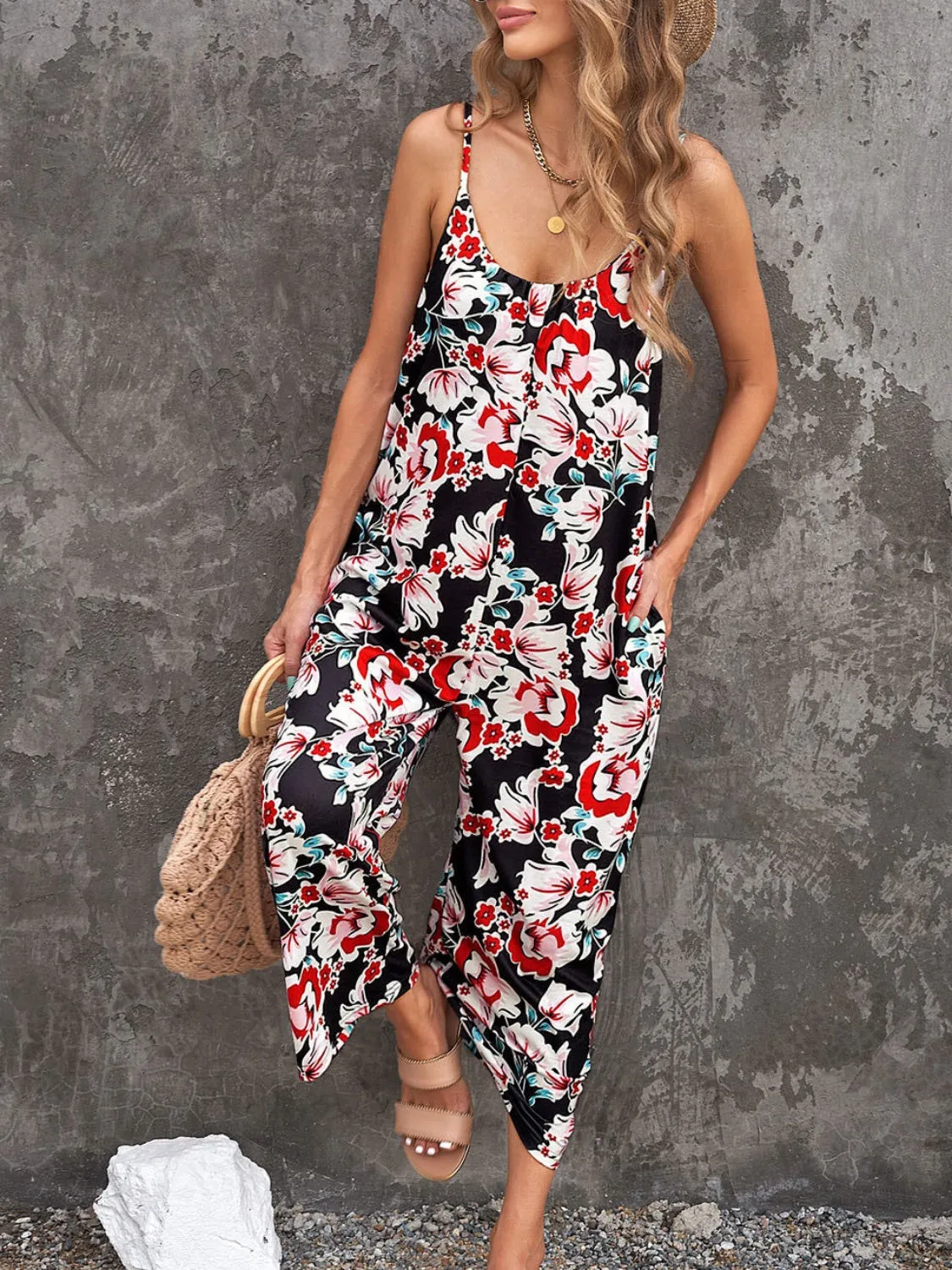 🌸 Printed Spaghetti Strap Jumpsuit with Pockets 🌸