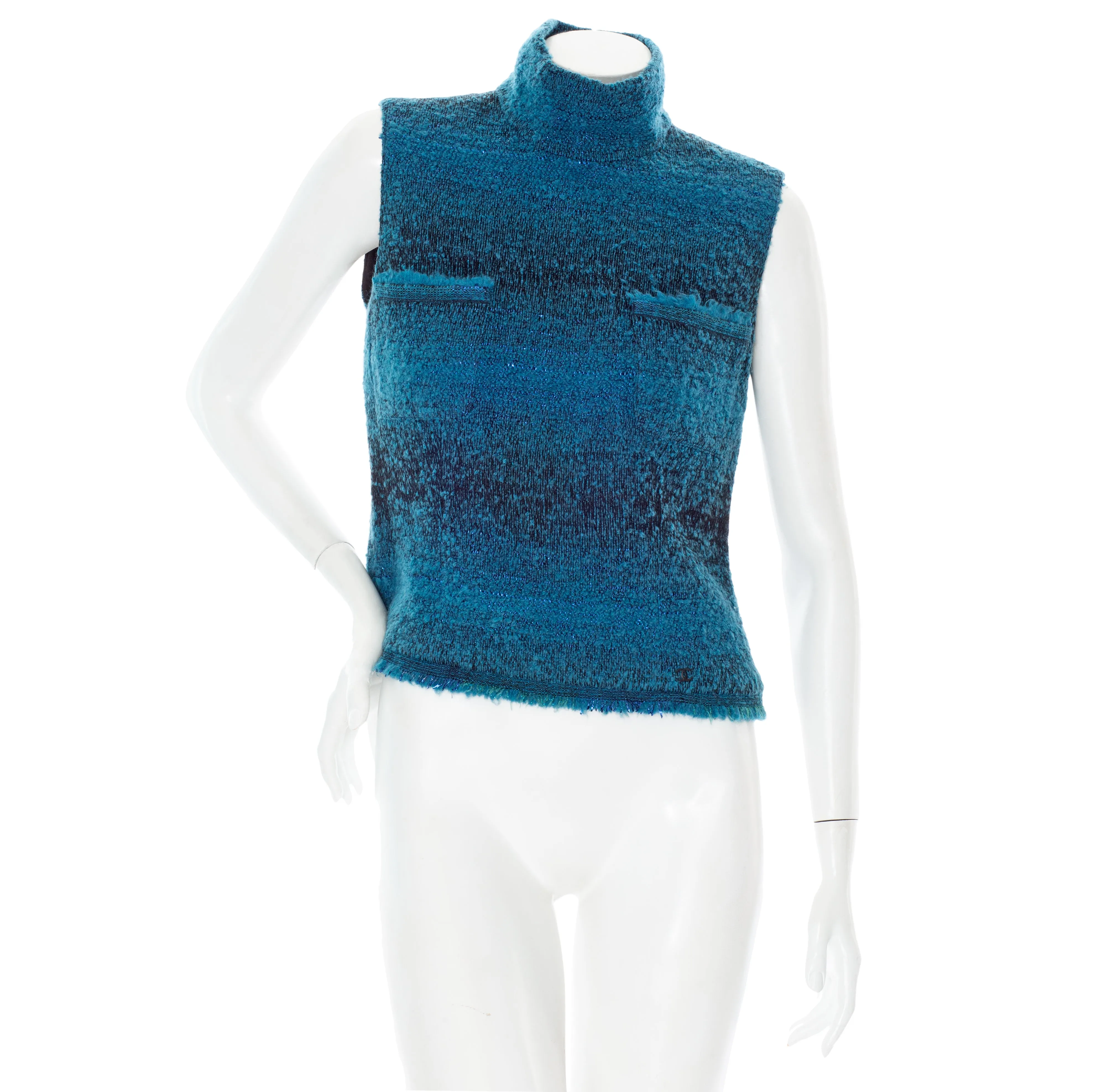 2002 Blue Wool Sleeveless Patch Pocket Turtleneck Top