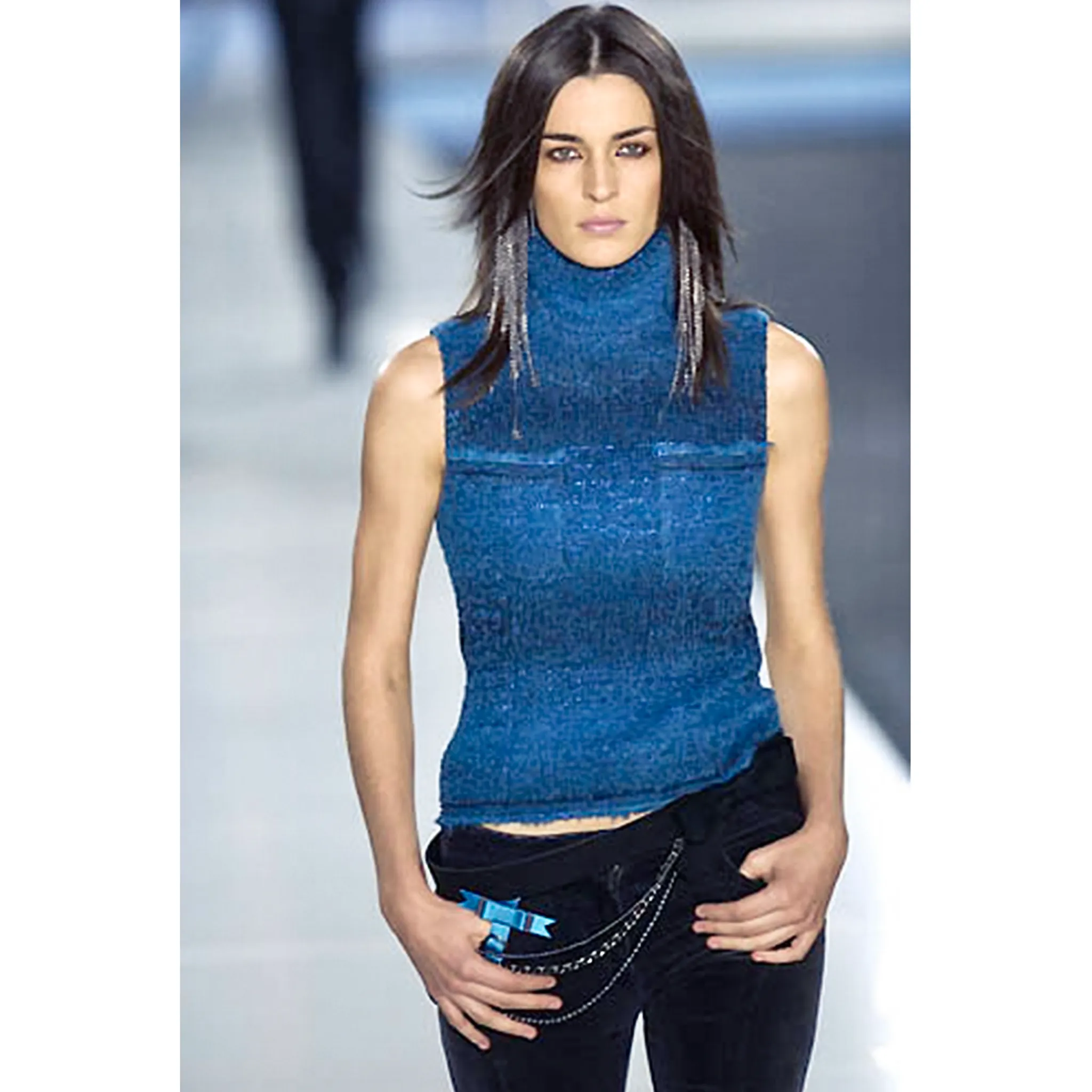 2002 Blue Wool Sleeveless Patch Pocket Turtleneck Top