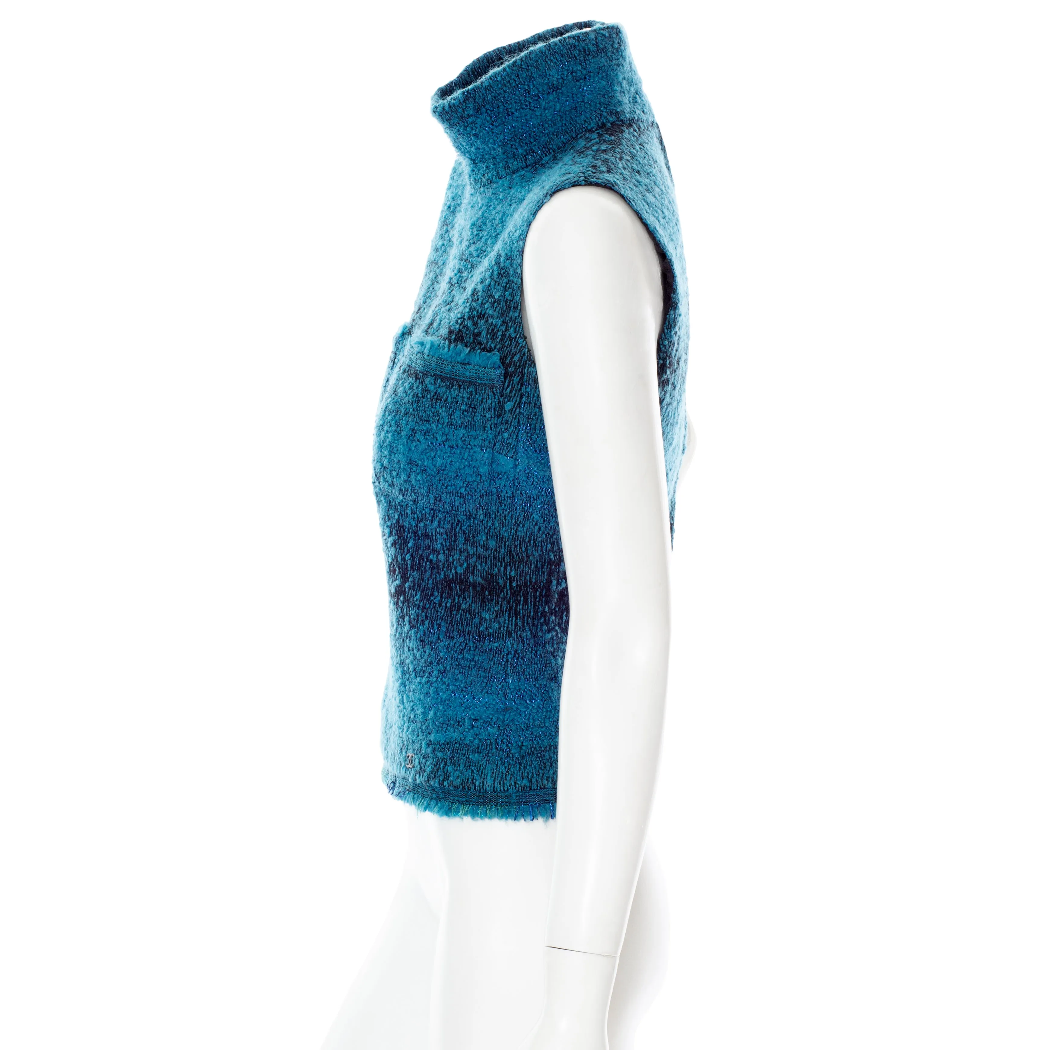 2002 Blue Wool Sleeveless Patch Pocket Turtleneck Top