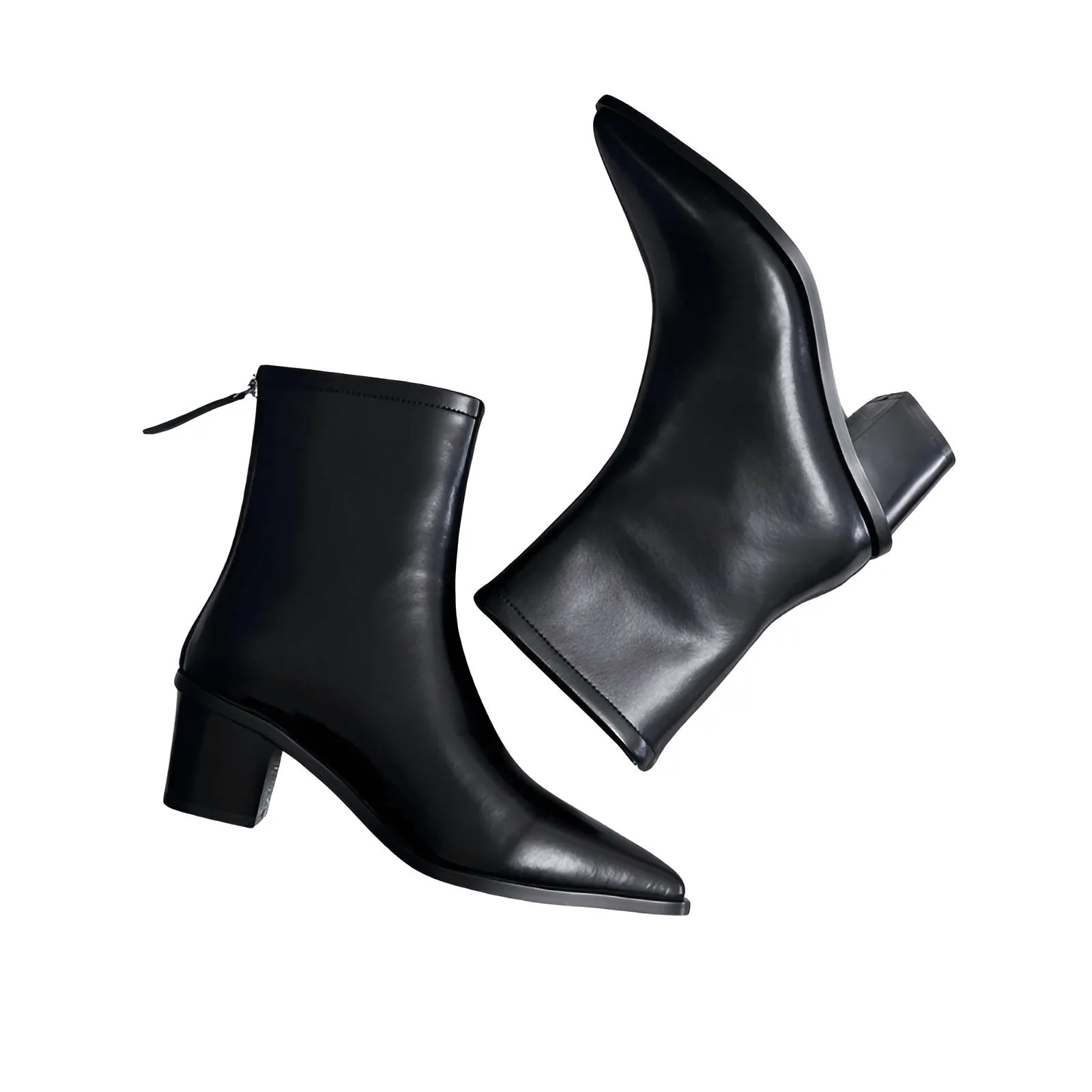 2025 Sexy Women's Ankle Boots Genuine Leather Autumn Winter Boots Zipper Chunky Heel Pointed Toe Black Shoes