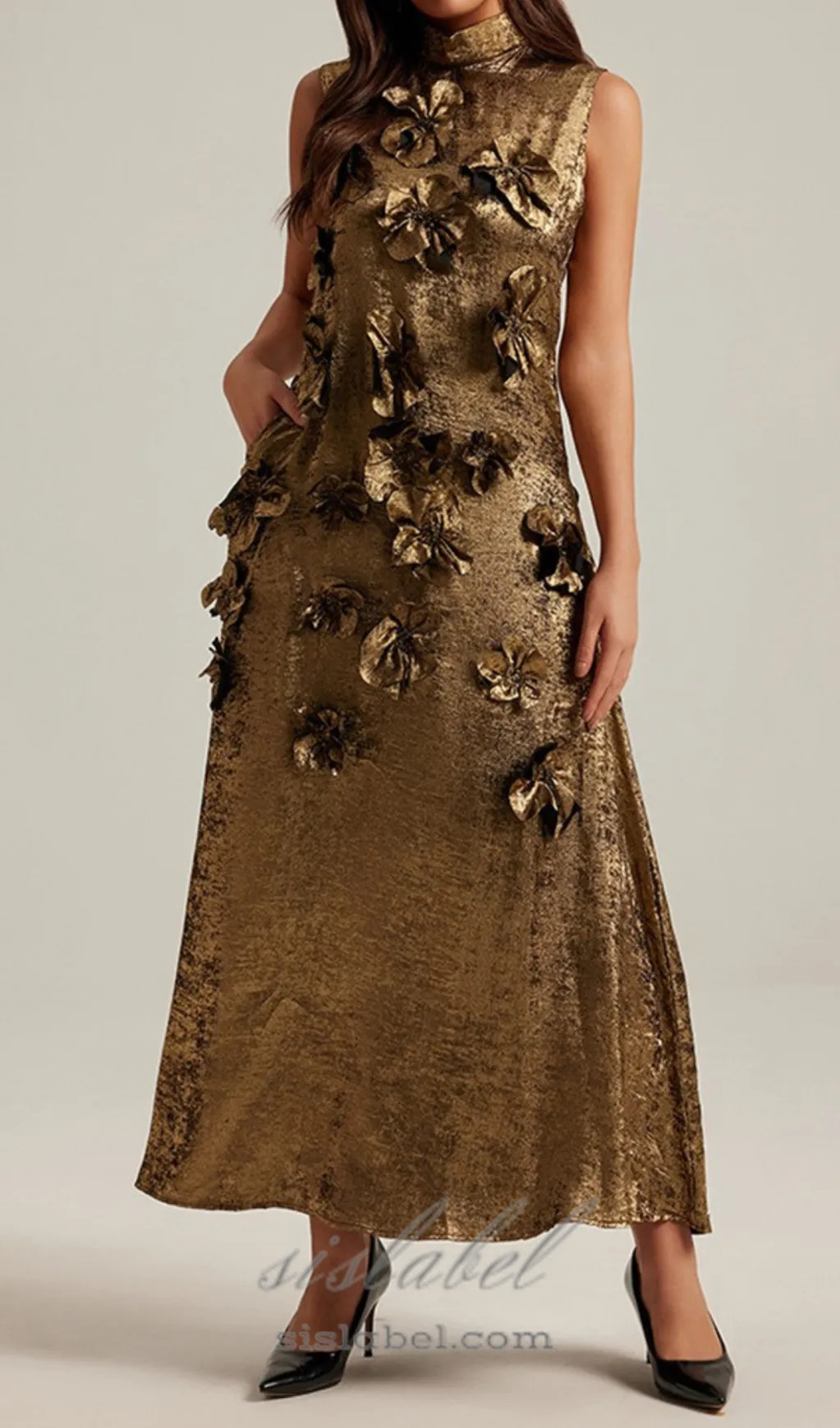 3d floral embellished maxi dress in gold