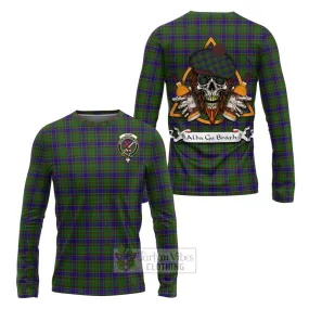 Adam Tartan Long Sleeve T-Shirt with Family Crest and Bearded Skull Holding Bottles of Whiskey