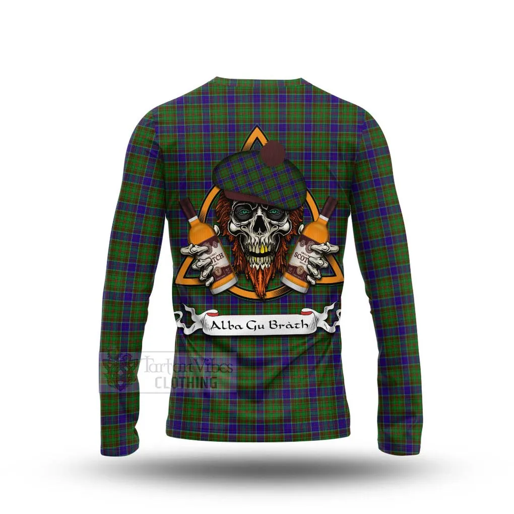 Adam Tartan Long Sleeve T-Shirt with Family Crest and Bearded Skull Holding Bottles of Whiskey