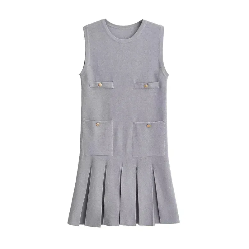 Advbridge Fashion Folds Knitted Mini Dress For Women Elegant Sleeveless With Pocket Vest Dress High Waisted  Clubs Party Summer