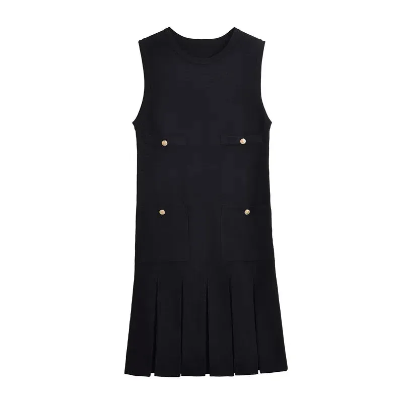 Advbridge Fashion Folds Knitted Mini Dress For Women Elegant Sleeveless With Pocket Vest Dress High Waisted  Clubs Party Summer