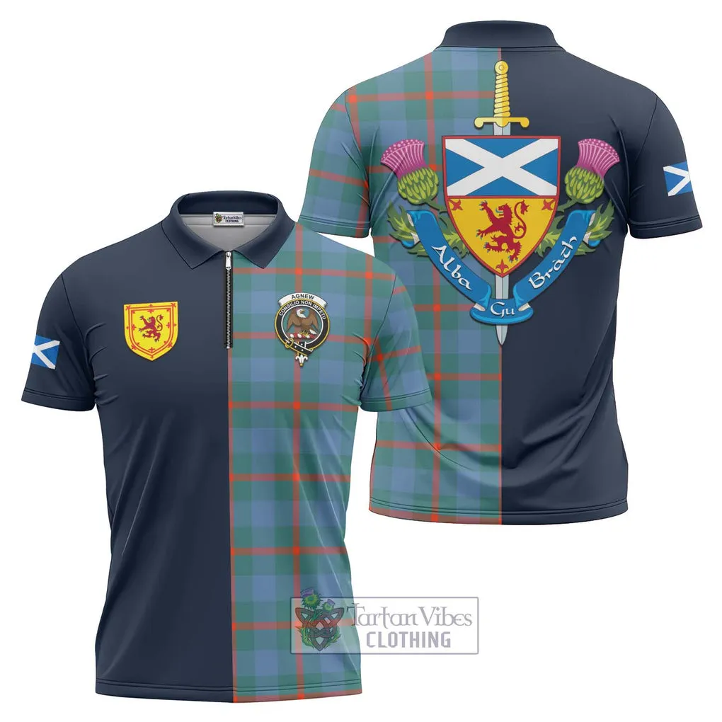 Agnew Ancient Tartan Zipper Polo Shirt Alba with Scottish Lion Royal Arm Half Style