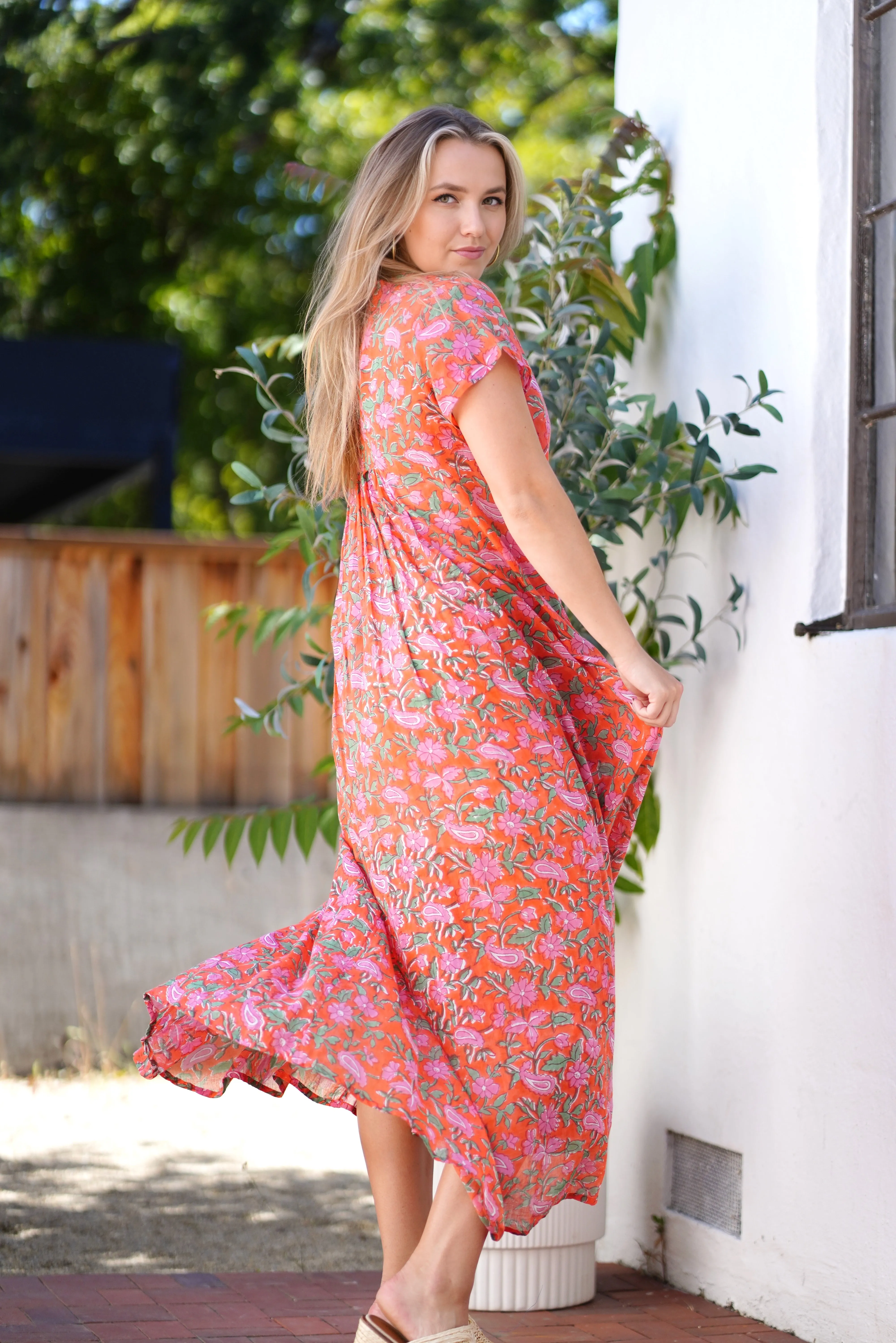 Amaryllis Maxi Dress Block Printed Coral