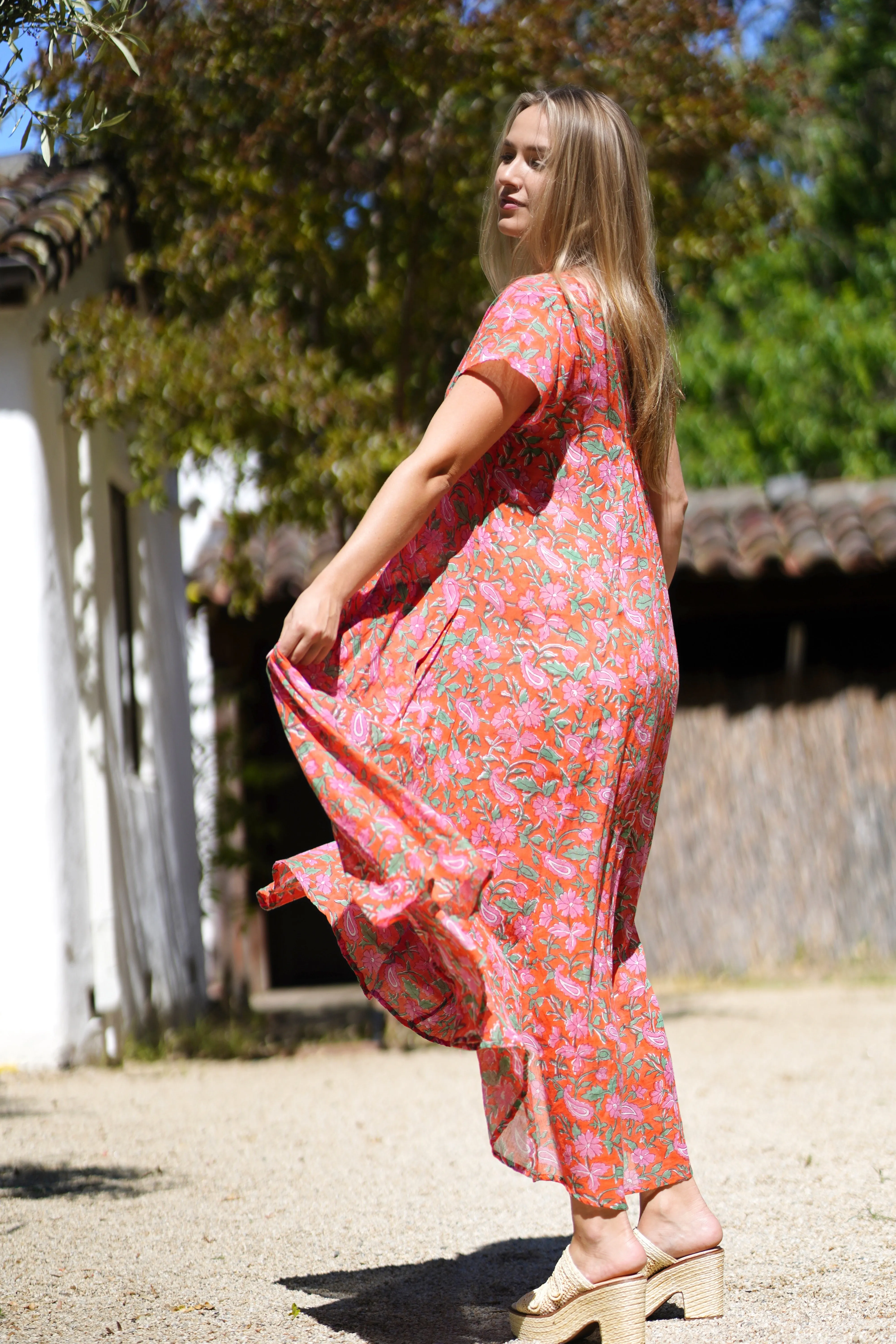 Amaryllis Maxi Dress Block Printed Coral