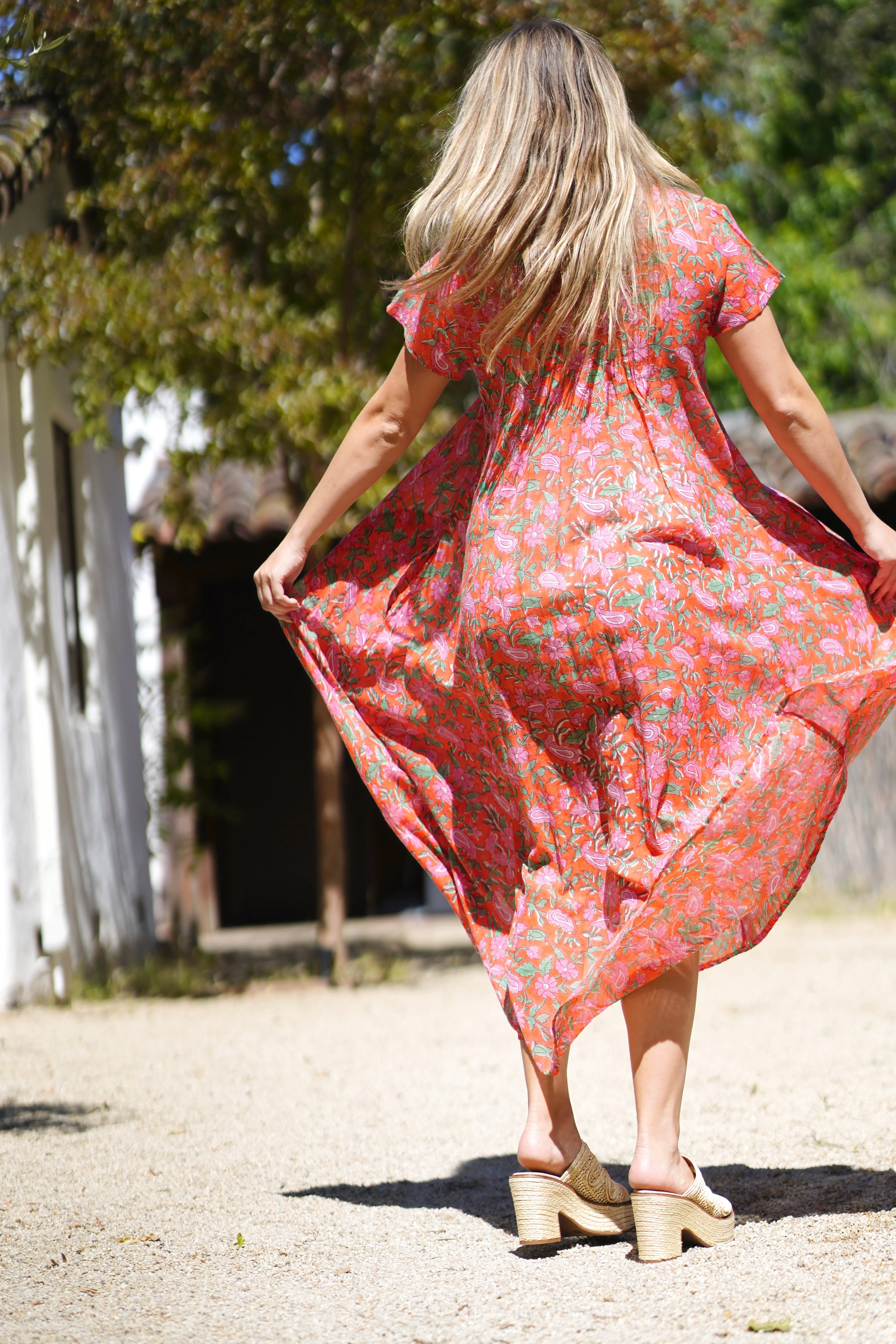 Amaryllis Maxi Dress Block Printed Coral