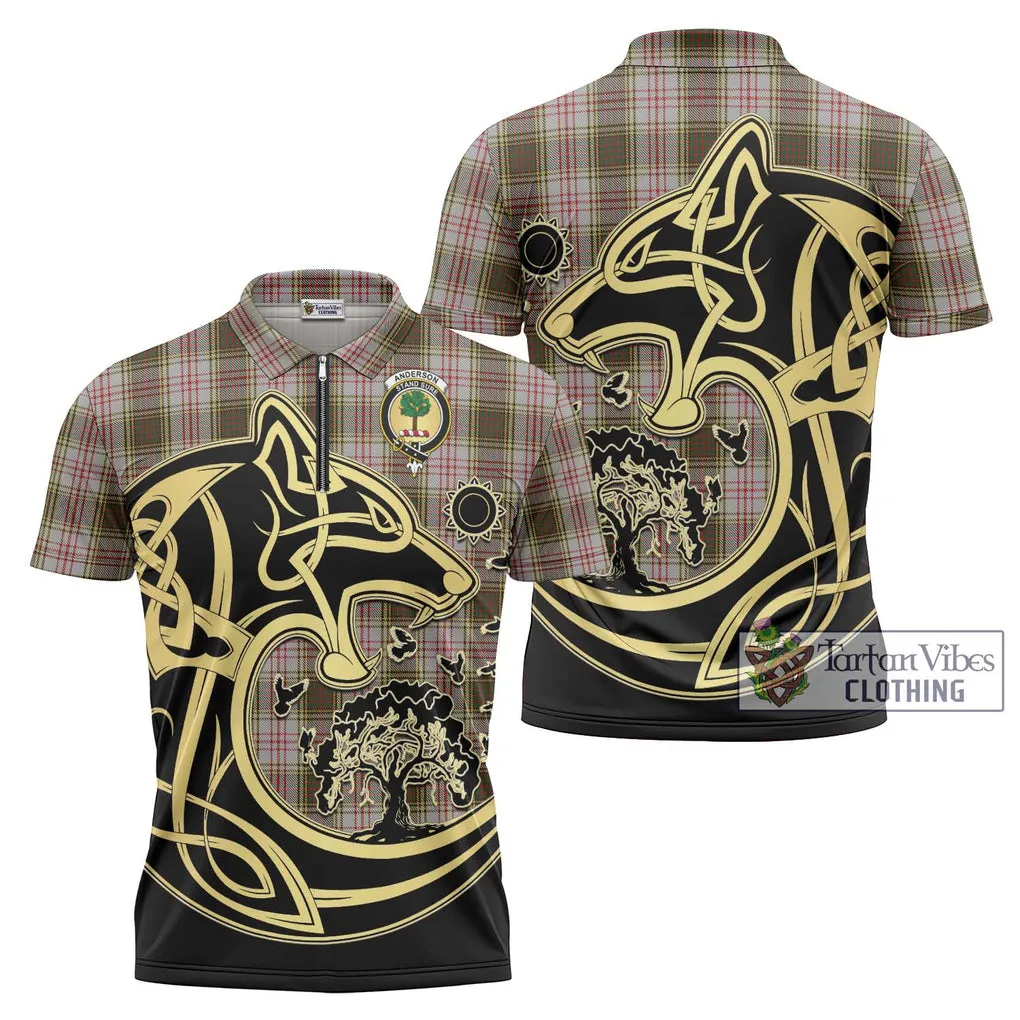 Anderson Dress Tartan Zipper Polo Shirt with Family Crest Celtic Wolf Style