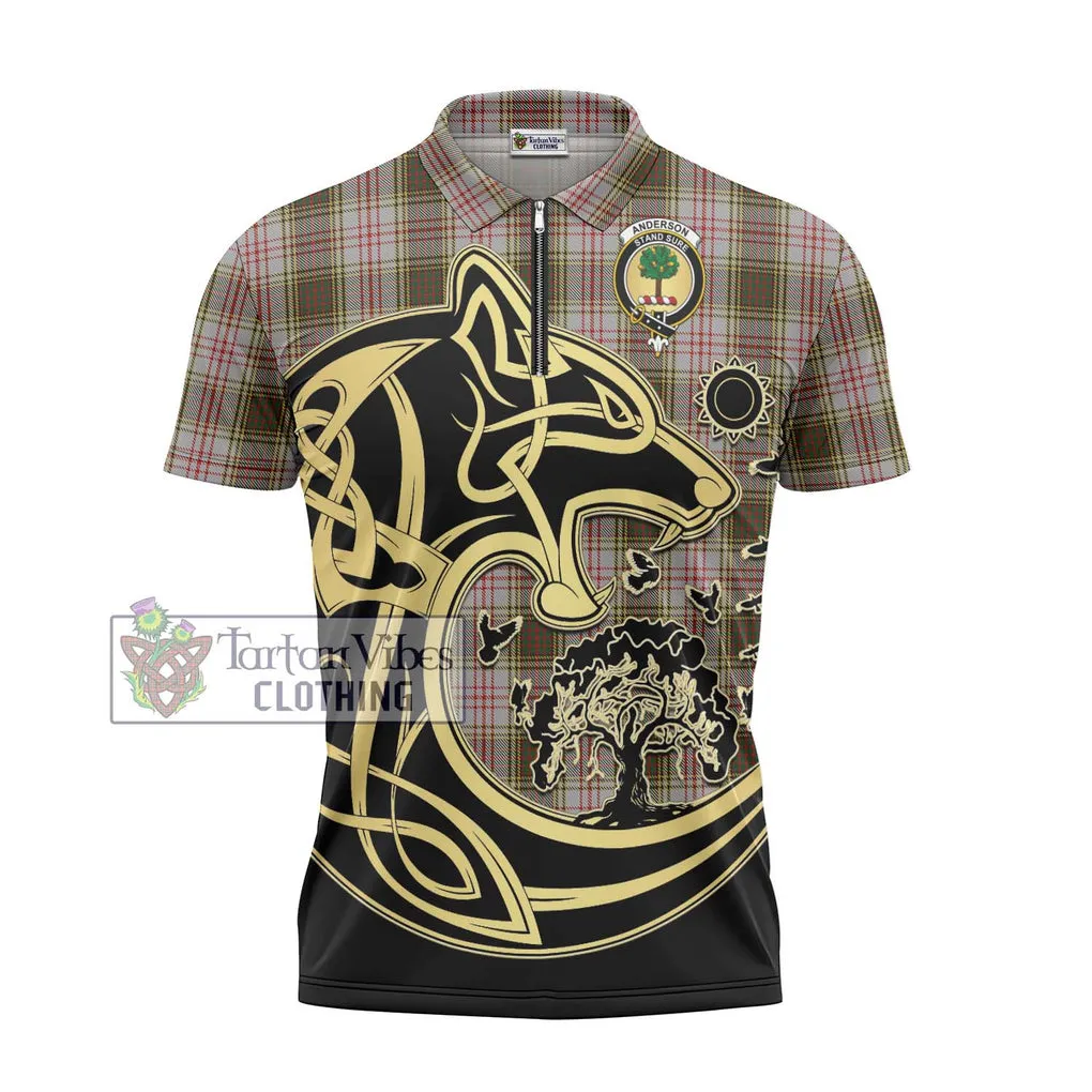 Anderson Dress Tartan Zipper Polo Shirt with Family Crest Celtic Wolf Style