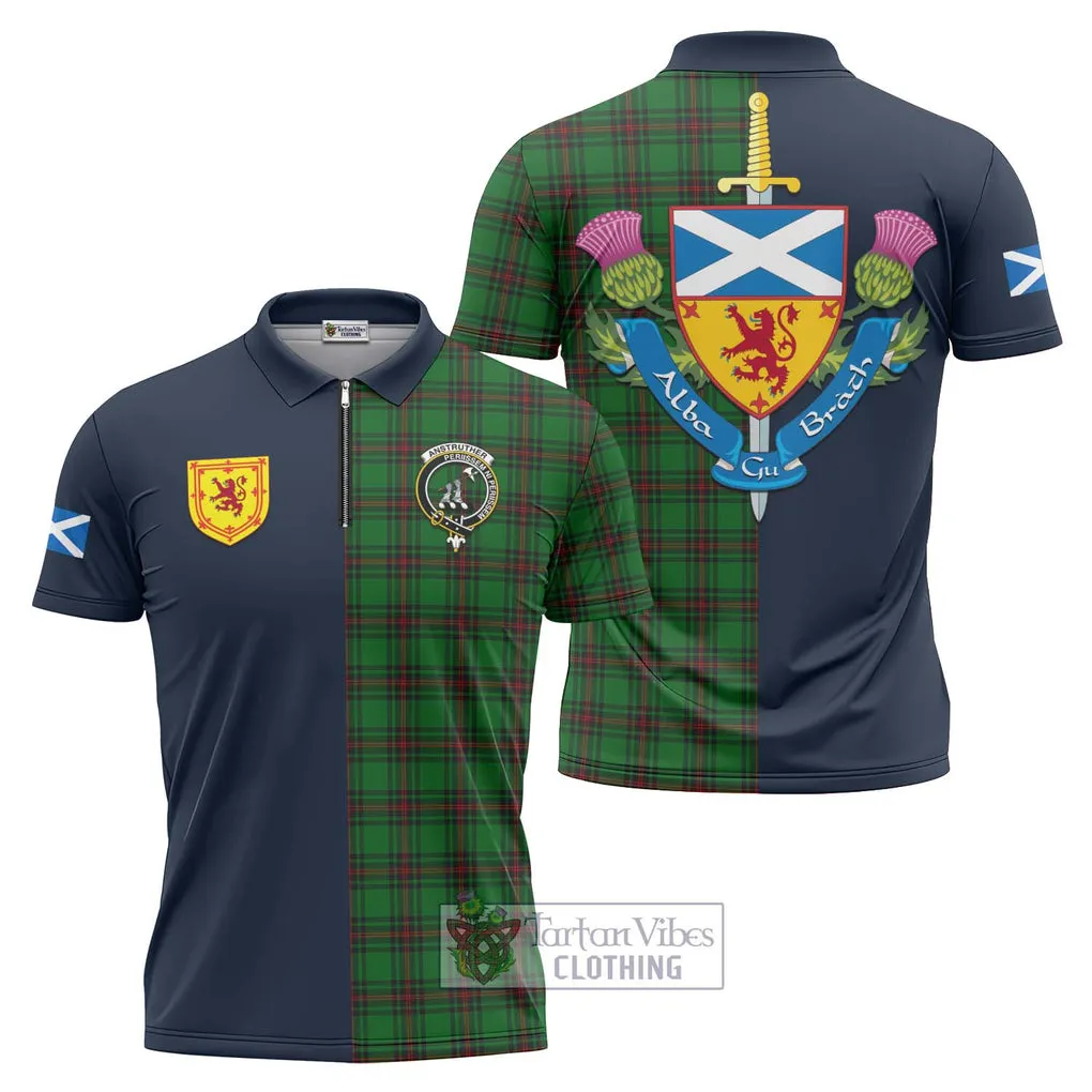 Anstruther Tartan Zipper Polo Shirt Alba with Scottish Lion Royal Arm Half Style