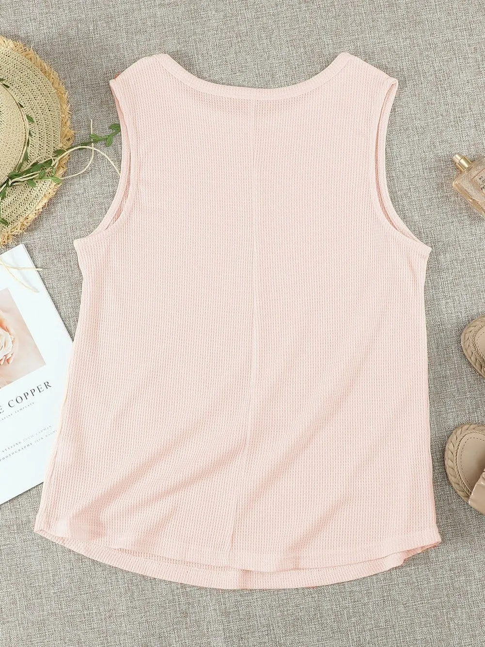 Apricot Sleeveless Waffle Knit Tank Top in Round Neck Style