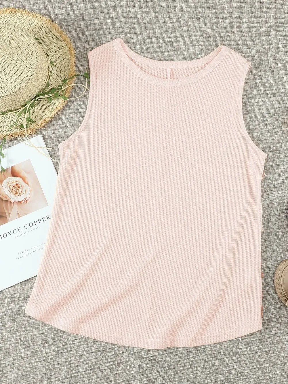 Apricot Sleeveless Waffle Knit Tank Top in Round Neck Style