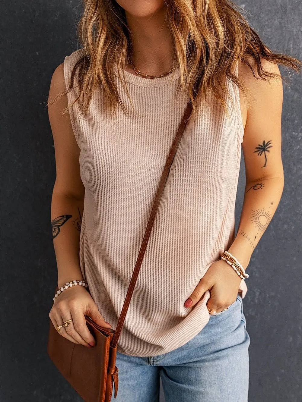 Apricot Sleeveless Waffle Knit Tank Top in Round Neck Style