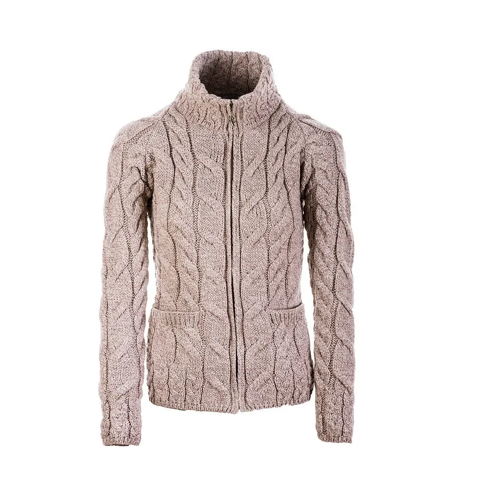 Aran Super Soft Merino Shaped Zipper Cardigan/Mock Turtleneck ToastOat