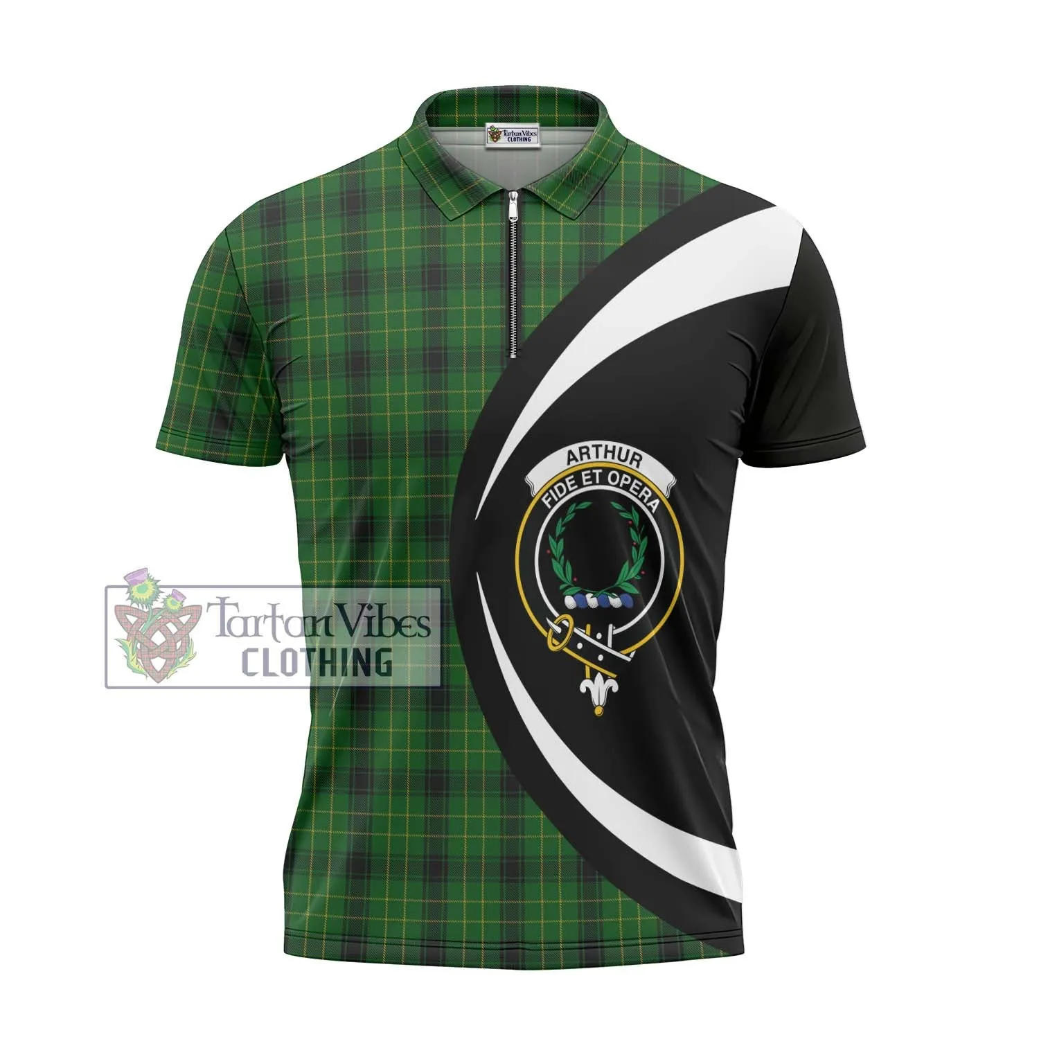 Arthur Highland Tartan Zipper Polo Shirt with Family Crest Circle Style