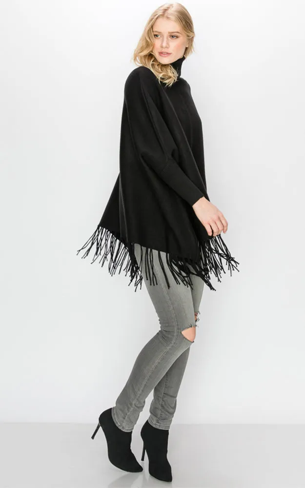 AV360 Solid Turtleneck Sleeve Poncho with Fringe