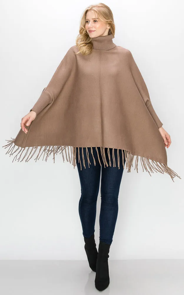 AV360 Solid Turtleneck Sleeve Poncho with Fringe