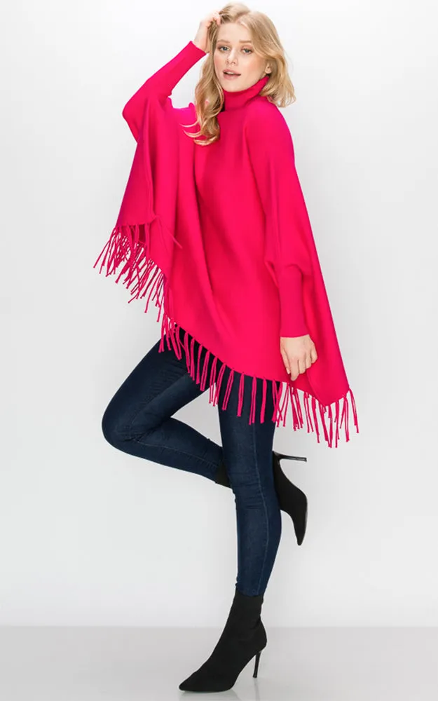 AV360 Solid Turtleneck Sleeve Poncho with Fringe