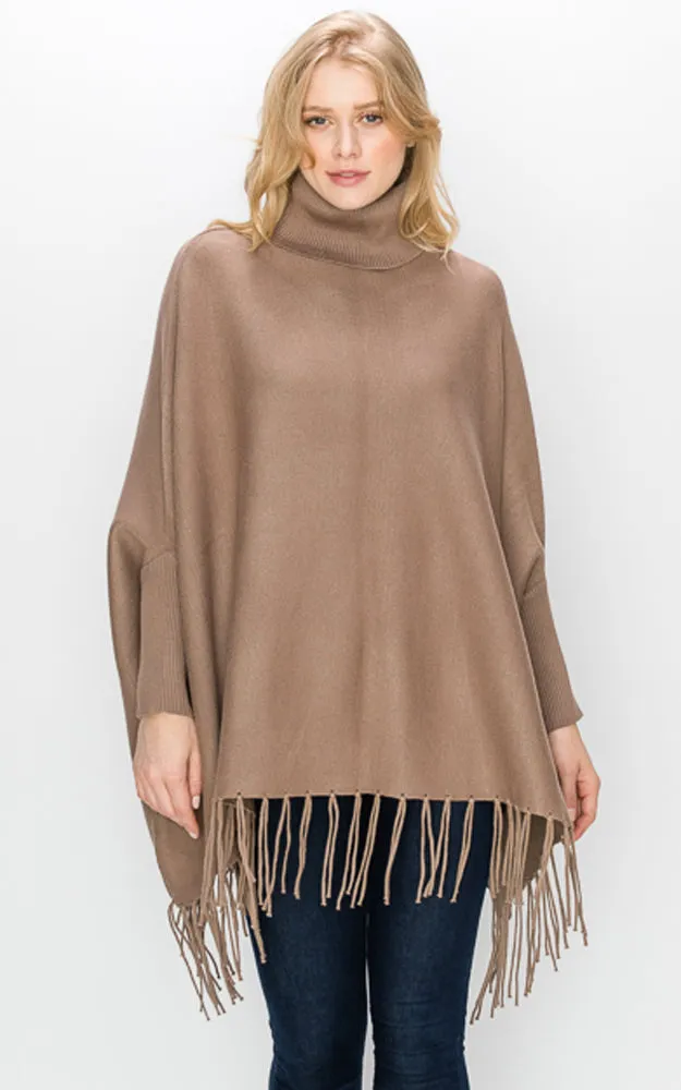 AV360 Solid Turtleneck Sleeve Poncho with Fringe