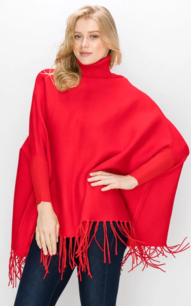 AV360 Solid Turtleneck Sleeve Poncho with Fringe