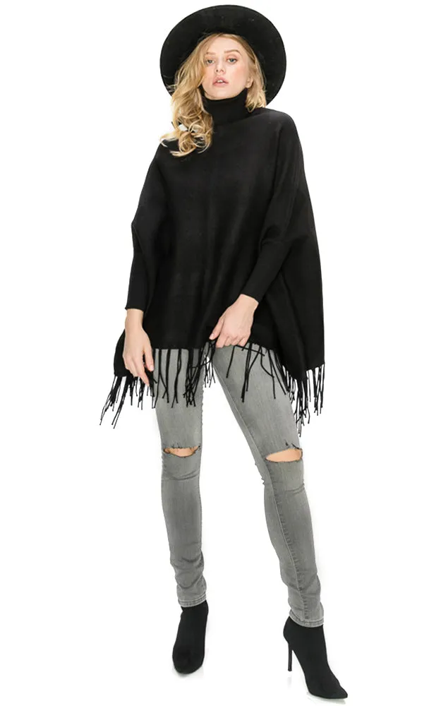 AV360 Solid Turtleneck Sleeve Poncho with Fringe