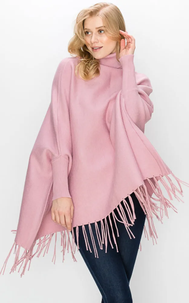 AV360 Solid Turtleneck Sleeve Poncho with Fringe