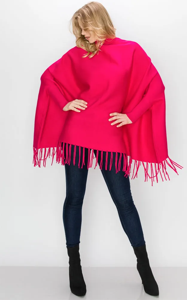 AV360 Solid Turtleneck Sleeve Poncho with Fringe