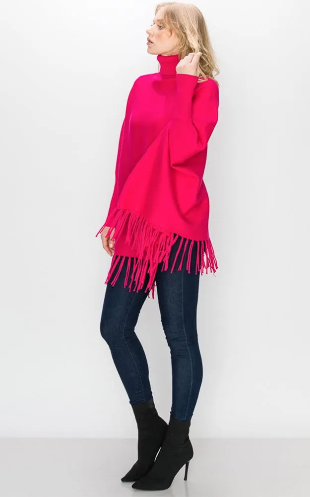 AV360 Solid Turtleneck Sleeve Poncho with Fringe