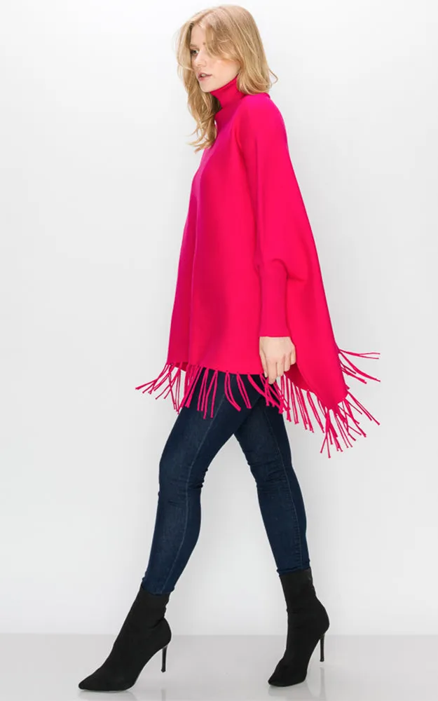 AV360 Solid Turtleneck Sleeve Poncho with Fringe