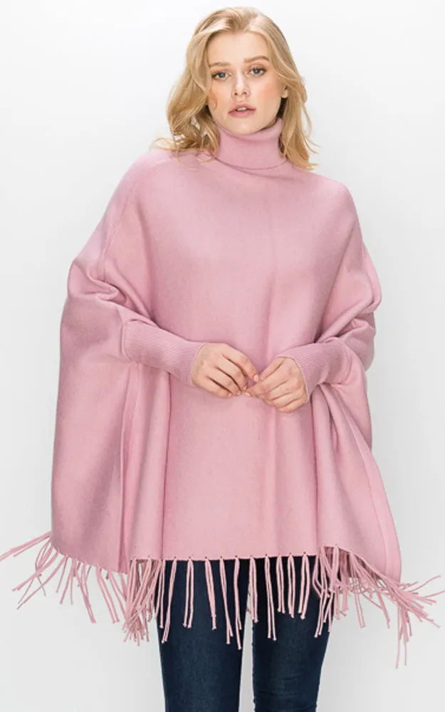 AV360 Solid Turtleneck Sleeve Poncho with Fringe