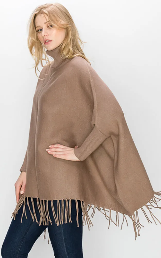 AV360 Solid Turtleneck Sleeve Poncho with Fringe