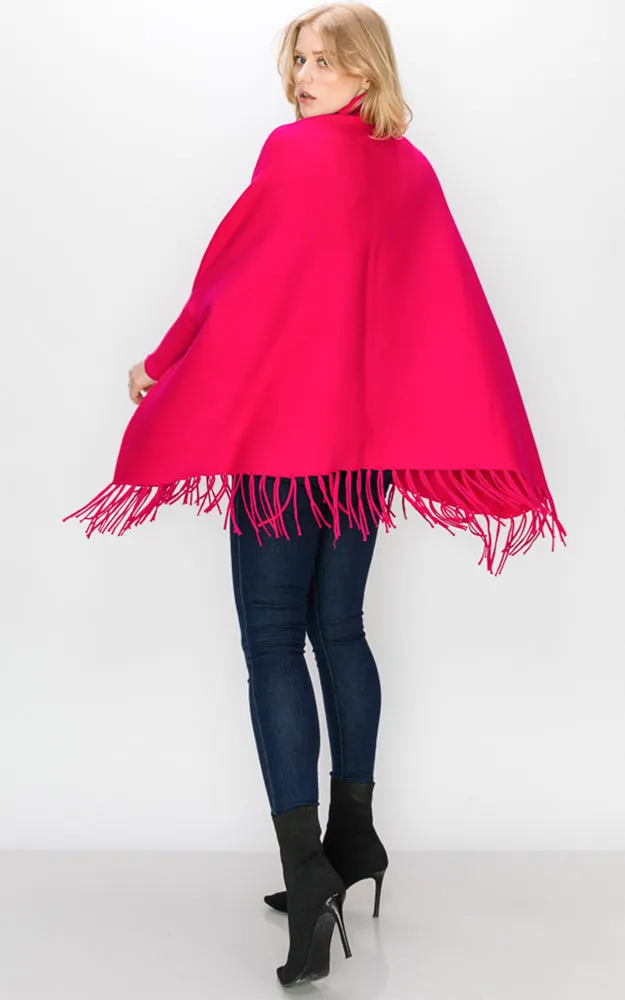 AV360 Solid Turtleneck Sleeve Poncho with Fringe