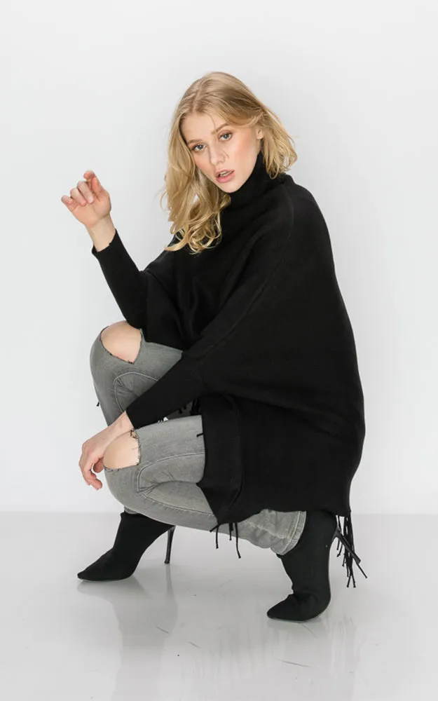 AV360 Solid Turtleneck Sleeve Poncho with Fringe