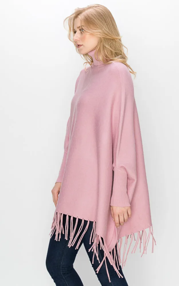 AV360 Solid Turtleneck Sleeve Poncho with Fringe