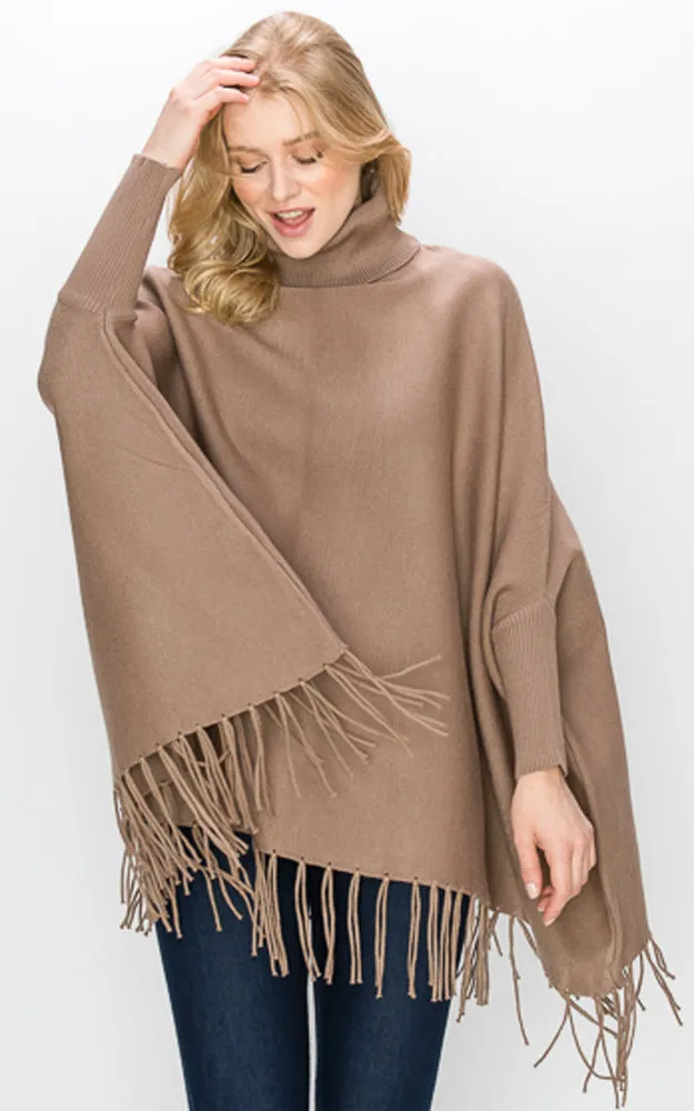 AV360 Solid Turtleneck Sleeve Poncho with Fringe