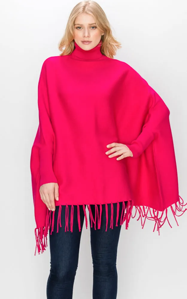 AV360 Solid Turtleneck Sleeve Poncho with Fringe