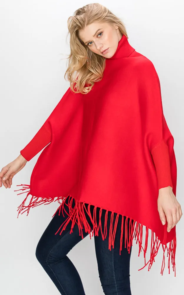 AV360 Solid Turtleneck Sleeve Poncho with Fringe