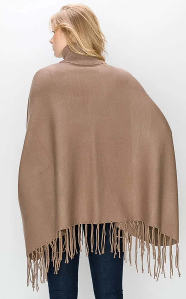 AV360 Solid Turtleneck Sleeve Poncho with Fringe