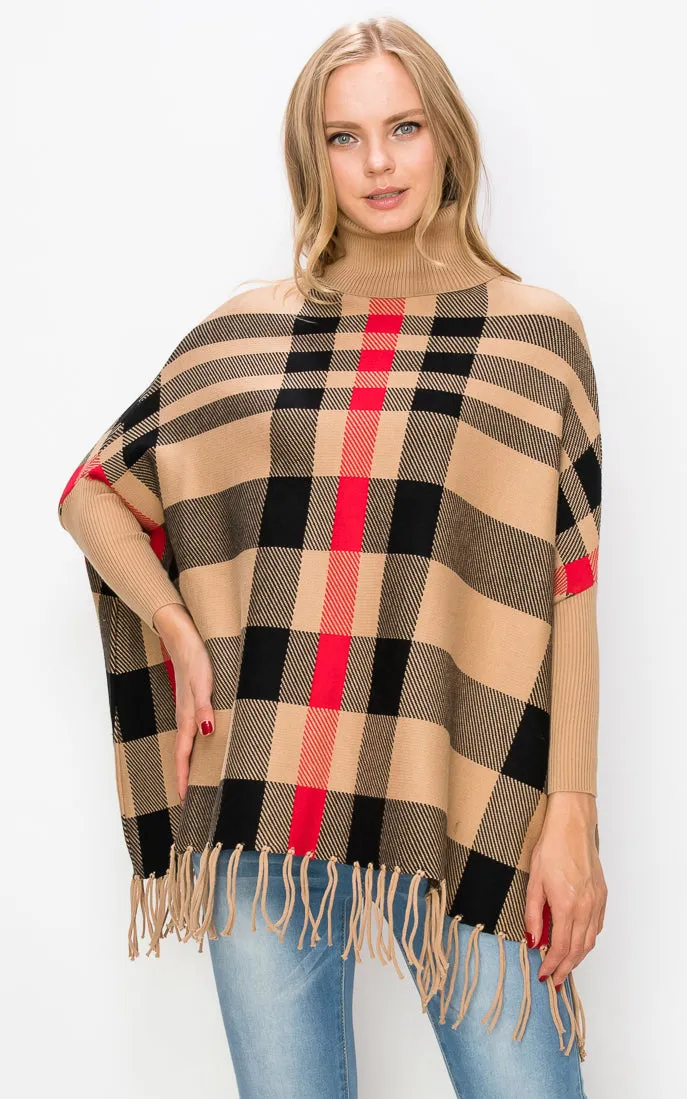 AV421 Plaid Turtleneck Sleeve Poncho with Fringe