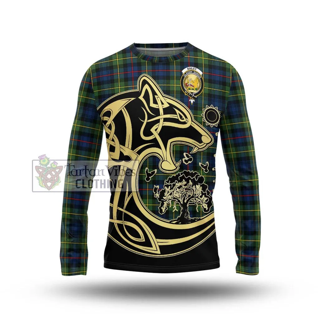 Bailey Modern Tartan Long Sleeve T-Shirt with Family Crest Celtic Wolf Style