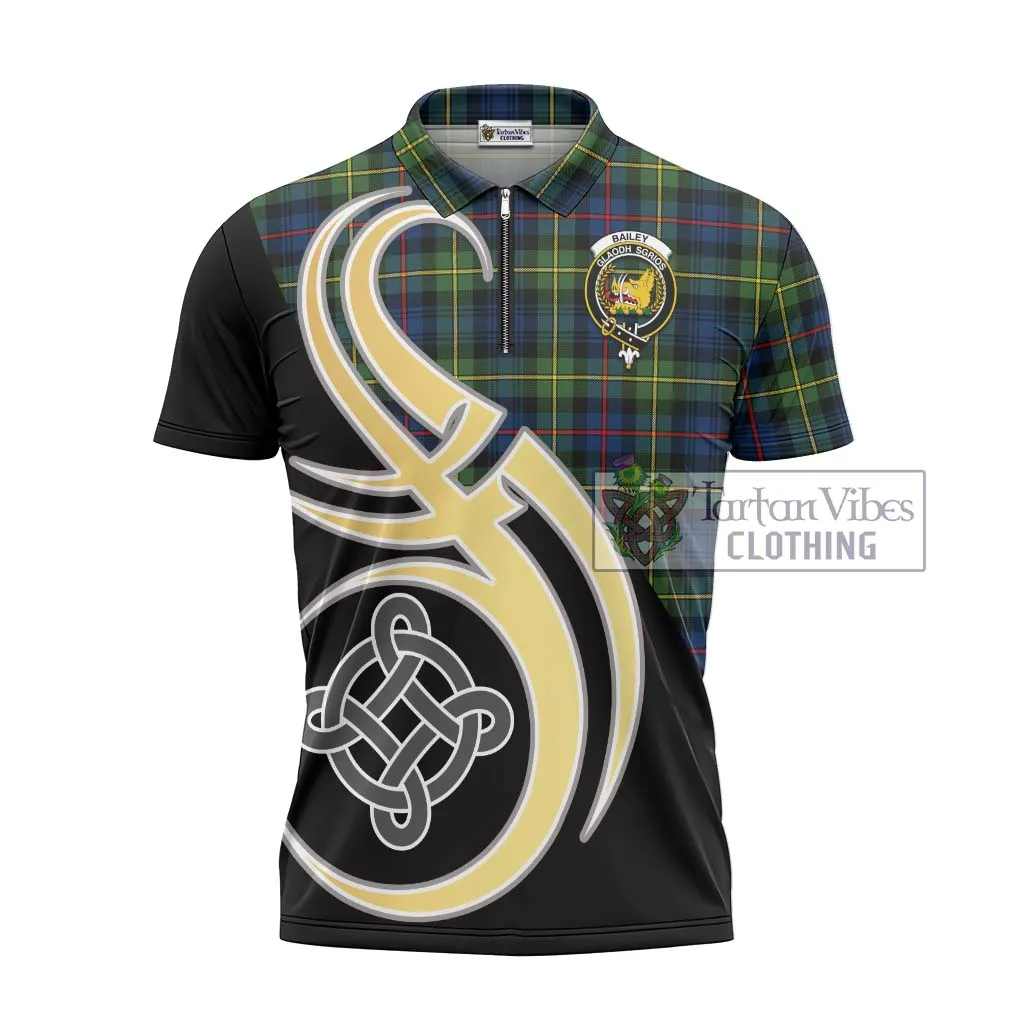 Bailey Modern Tartan Zipper Polo Shirt with Family Crest and Celtic Symbol Style