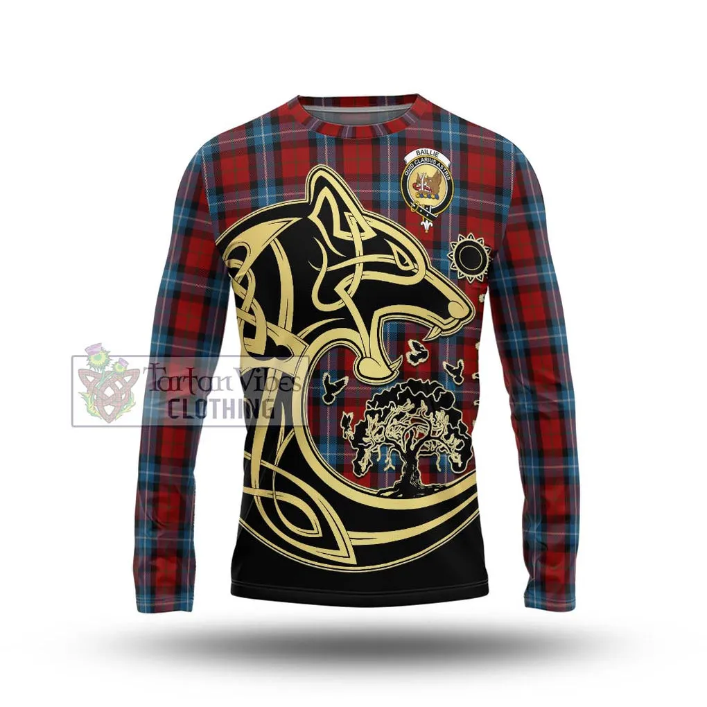 Baillie of Polkemmet Red Tartan Long Sleeve T-Shirt with Family Crest Celtic Wolf Style