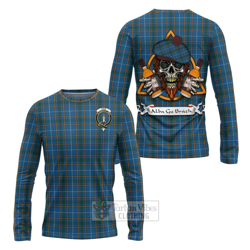 Bain Tartan Long Sleeve T-Shirt with Family Crest and Bearded Skull Holding Bottles of Whiskey