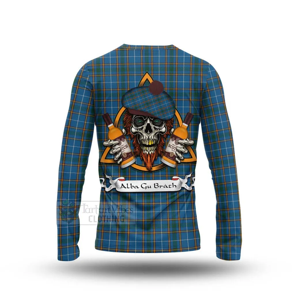 Bain Tartan Long Sleeve T-Shirt with Family Crest and Bearded Skull Holding Bottles of Whiskey