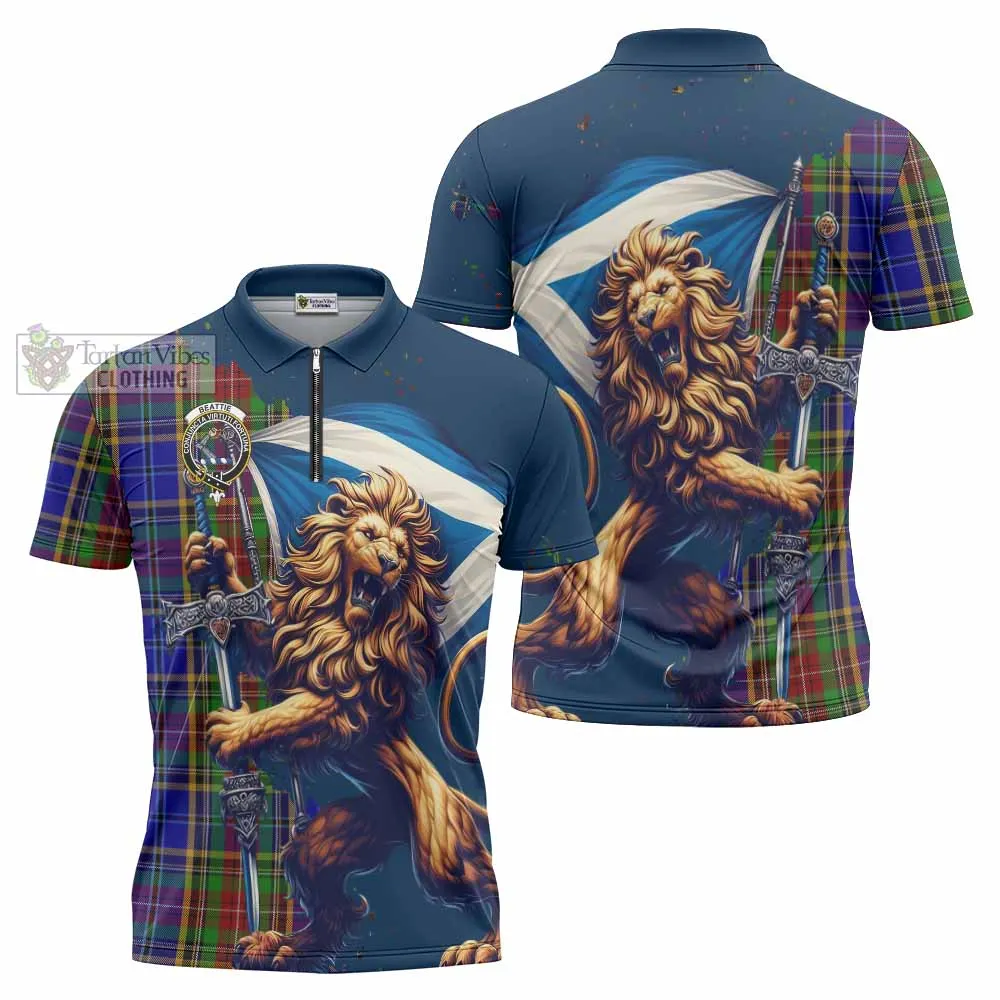 Beattie (Beatty) Tartan Family Crest Zipper Polo Shirt with Scottish Majestic Lion