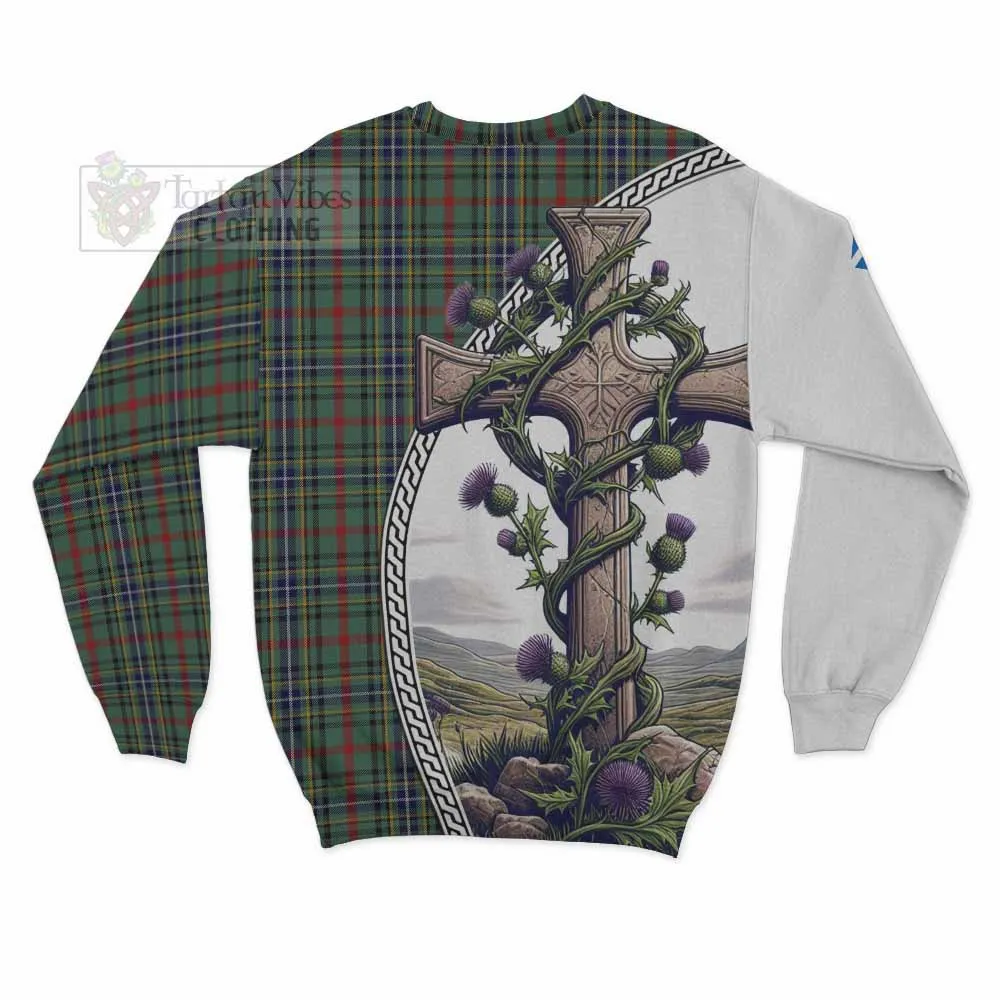 Bisset Tartan Sweatshirt with Family Crest and St. Andrew's Cross Accented by Thistle Vines