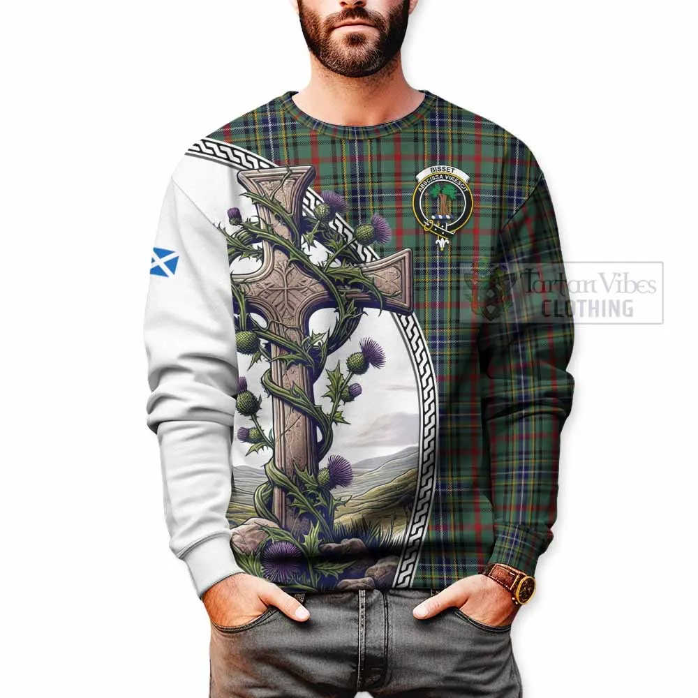 Bisset Tartan Sweatshirt with Family Crest and St. Andrew's Cross Accented by Thistle Vines